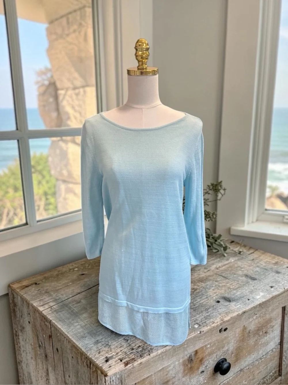 Pure Jill Linen Blend Tunic Sweater Light Blue Mesh Hem Size S Boho Coastal